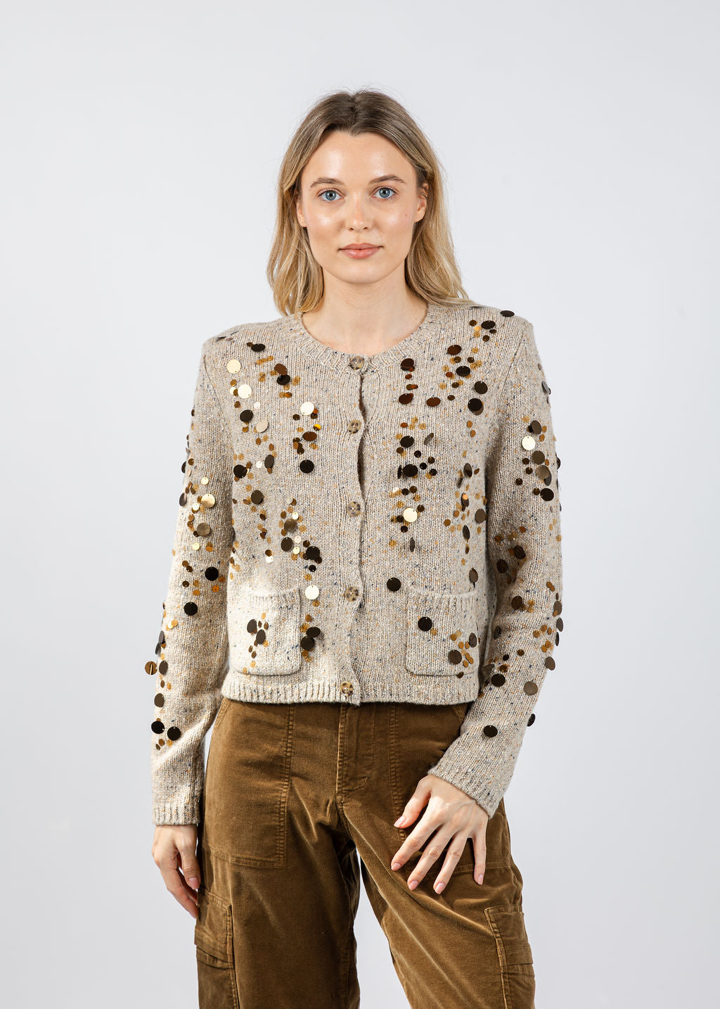 Oui Gold Paiette Knit Cardigan in Off White Camel available at Barbara Katz