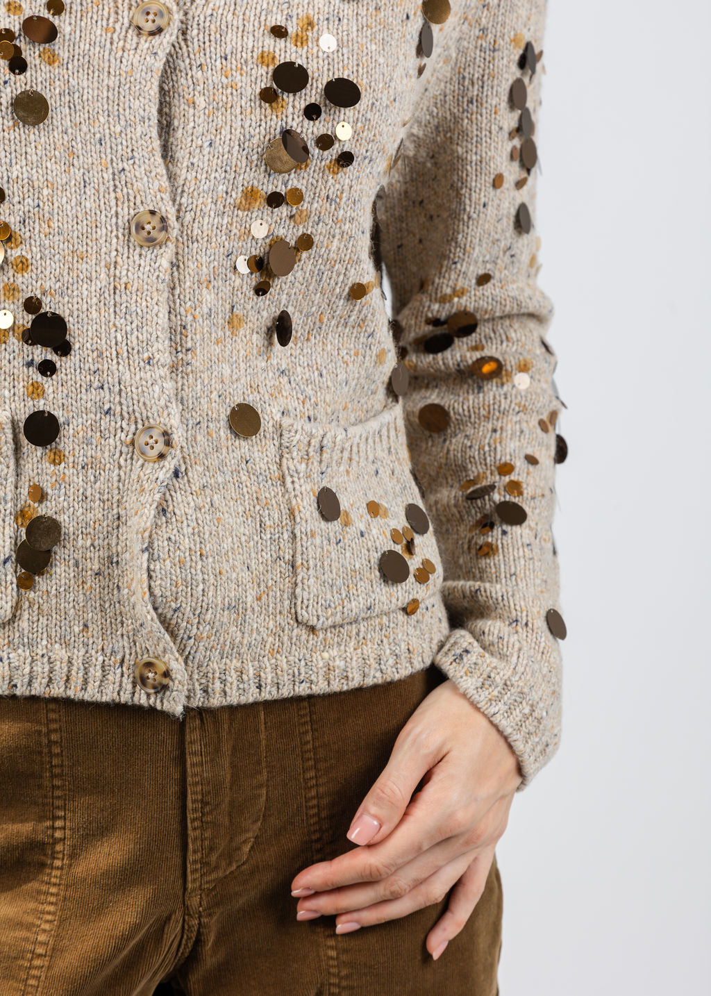 Oui Gold Paiette Knit Cardigan in Off White Camel available at Barbara Katz