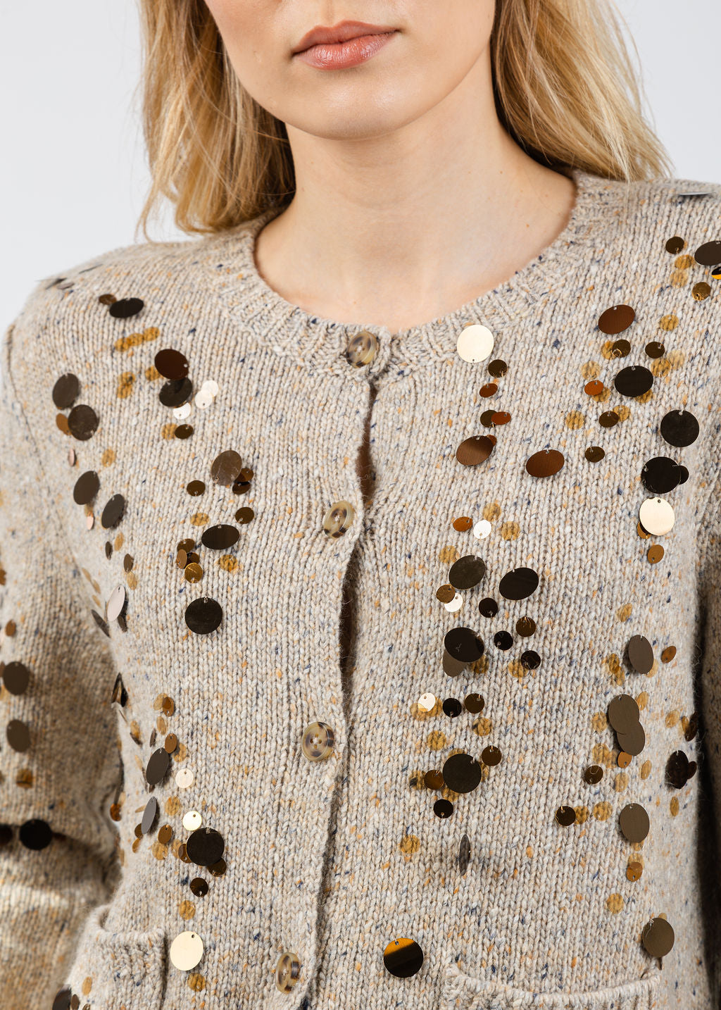 Oui Gold Paiette Knit Cardigan in Off White Camel available at Barbara Katz