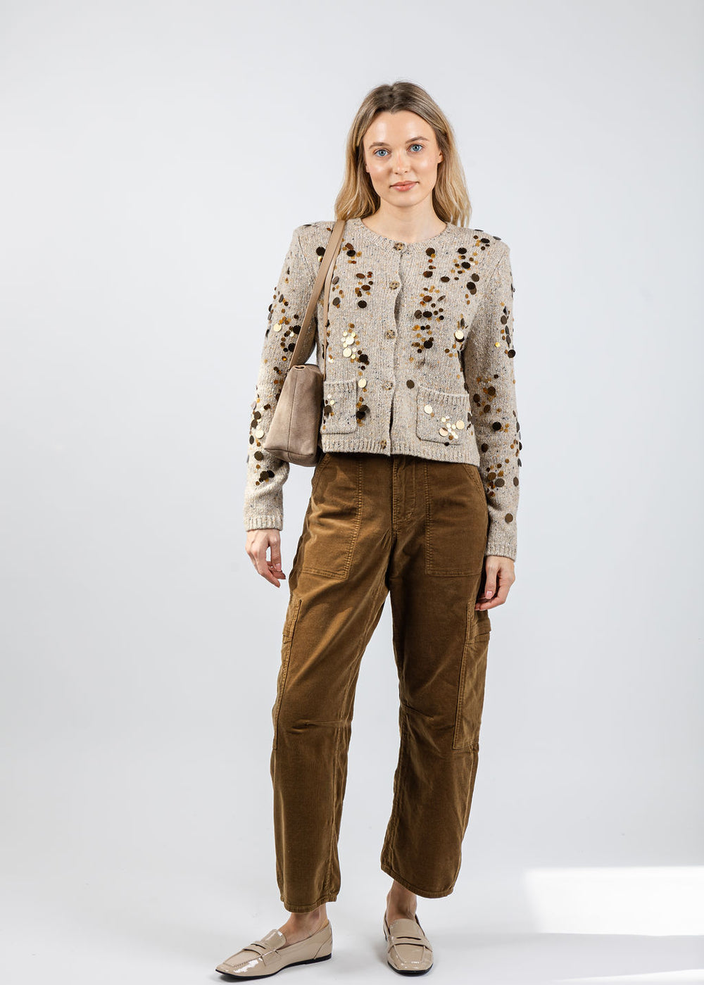 Oui Gold Paiette Knit Cardigan in Off White Camel available at Barbara Katz