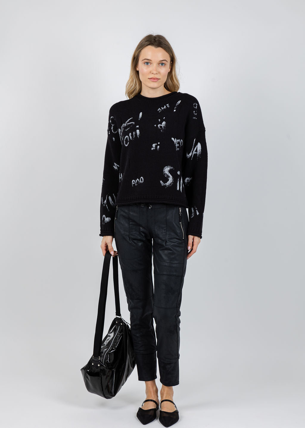 Oui Graphic Sweater in Black available at Barbara Katz