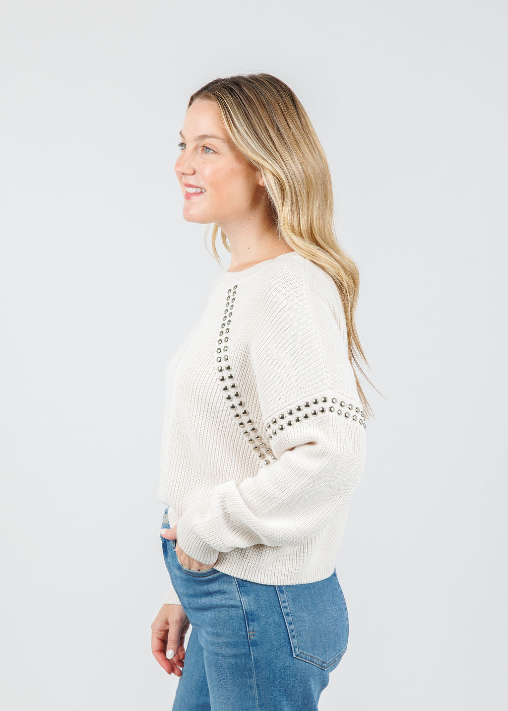 Oui Ingrid Studs Pullover in Gardenia available at Barbara Katz
