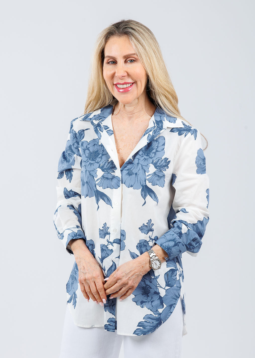 Oui Joly Blouse in Blue/White available at Barbara Katz