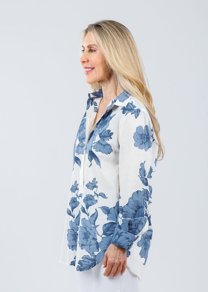 Oui Joly Long Sleeve Blouse in Blue/White available at Barbara Katz