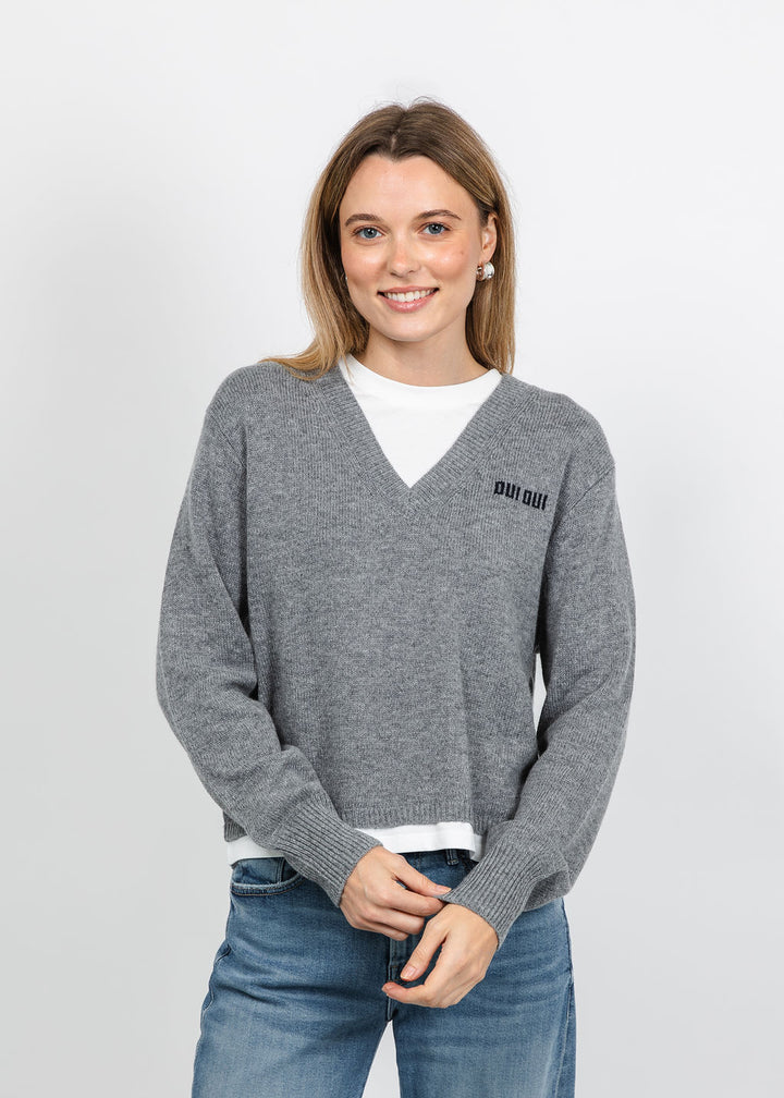 Oui Layered V-Neck Sweater in Steel Grey available at Barbara Katz