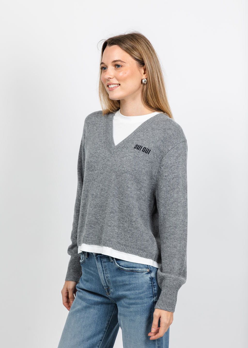 Oui Layered V-Neck Sweater in Steel Grey available at Barbara Katz