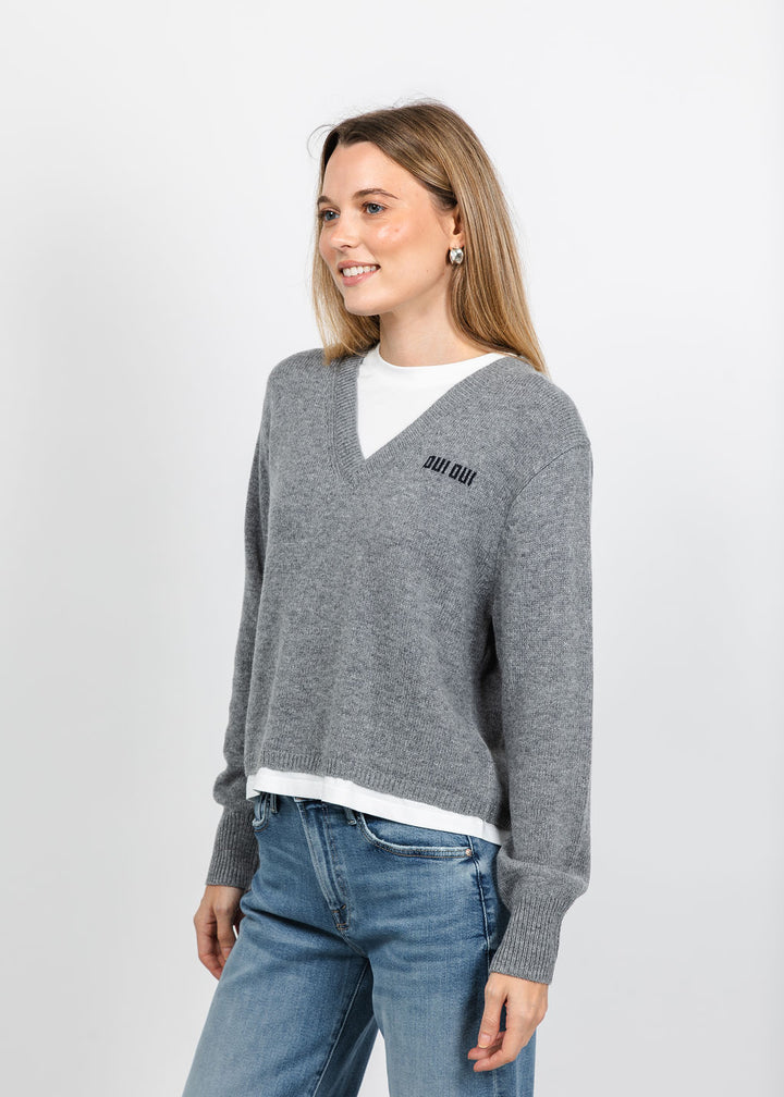 Oui Layered V-Neck Sweater in Steel Grey available at Barbara Katz
