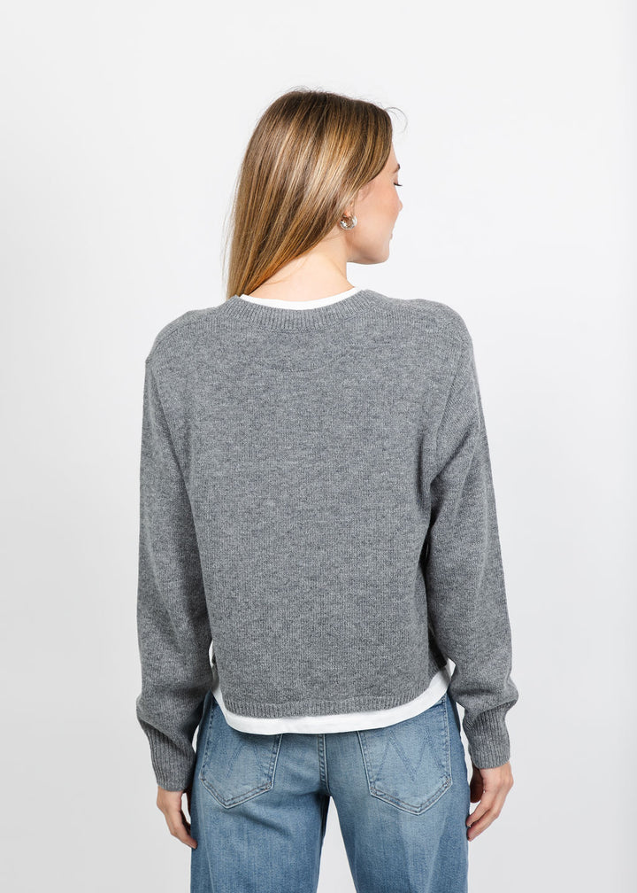 Oui Layered V-Neck Sweater in Steel Grey available at Barbara Katz