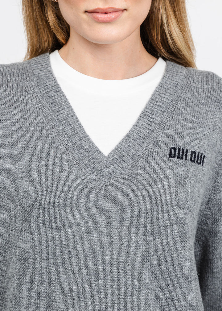 Oui Layered V-Neck Sweater in Steel Grey available at Barbara Katz