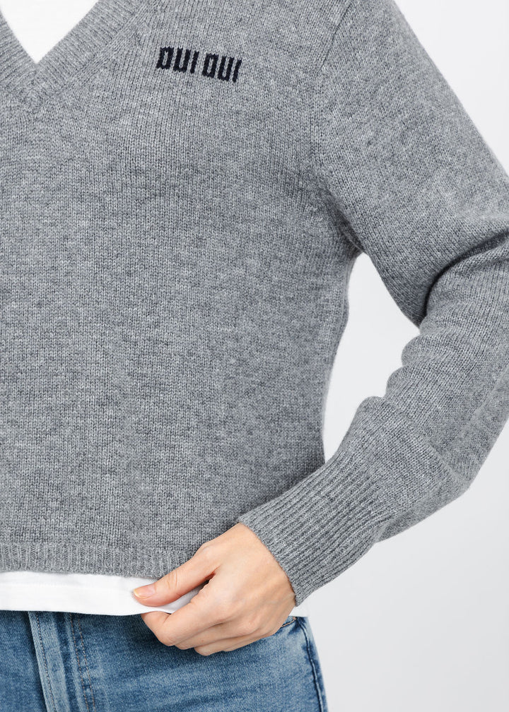 Oui Layered V-Neck Sweater in Steel Grey available at Barbara Katz