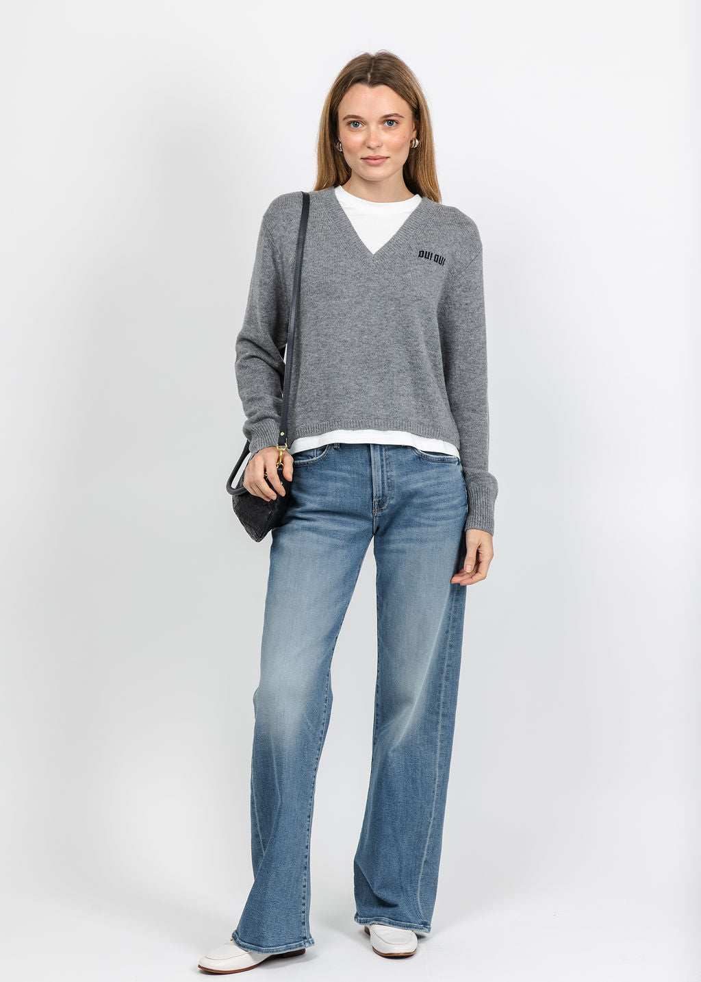 Oui Layered V-Neck Sweater in Steel Grey paired wtih Mother The Mid Rise Lasso Sneak Jeans in VGR available at Barbara Katz