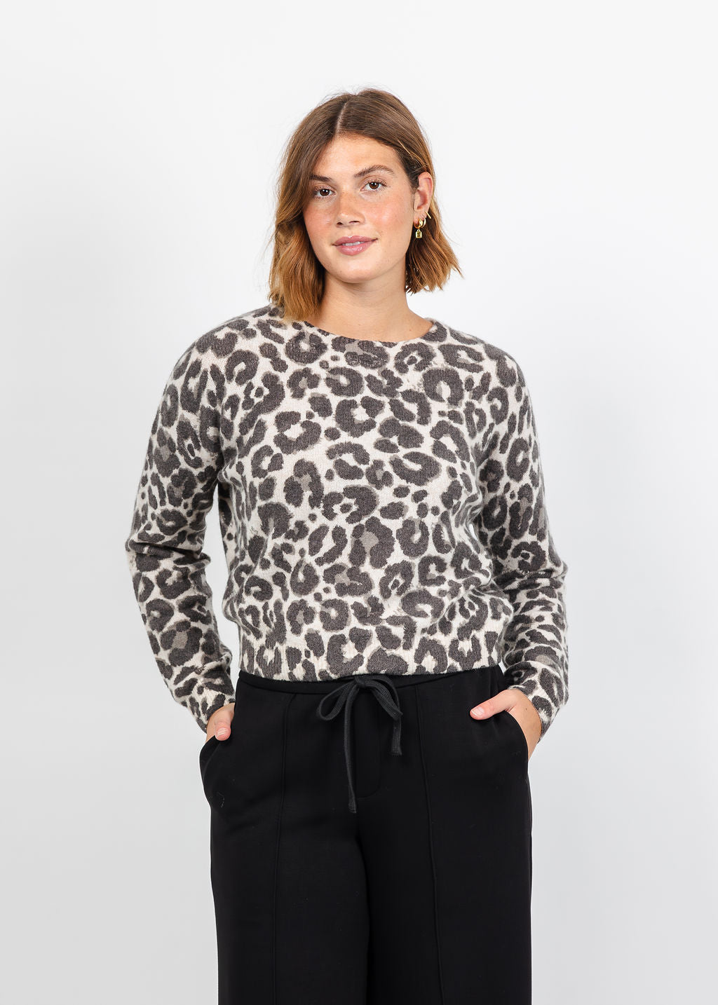 Oui Leopard Pullover Sweater in Light Stone Taupe available at Barbara Katz