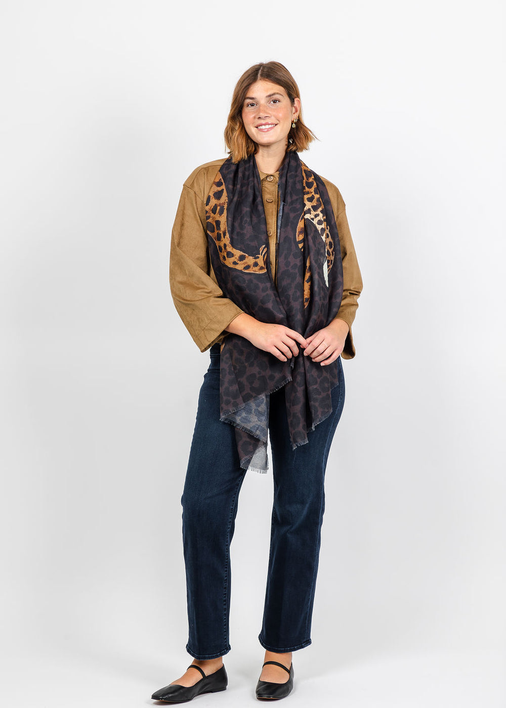 Oui Leopard Scarf in Dark Brown Camel available at Barbara Katz