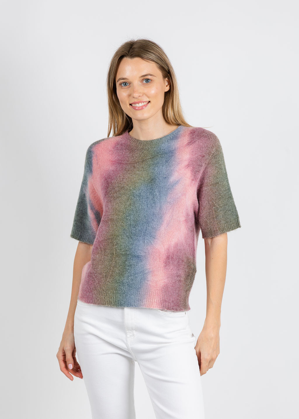 Oui Multi Color Sweater in Khaki Red available at Barbara Katz