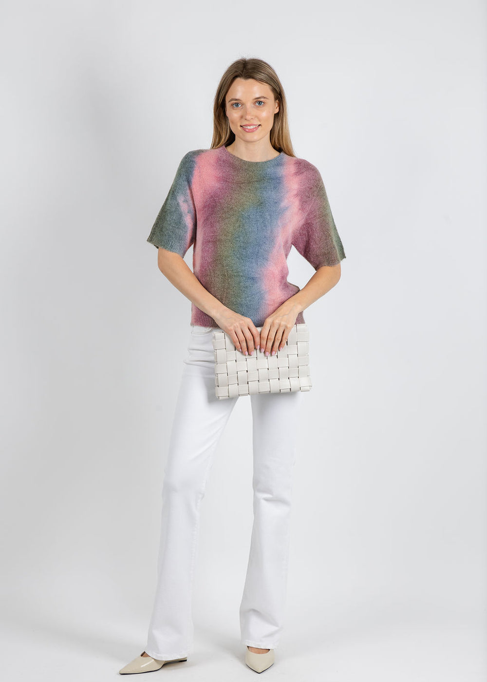 Oui Multi Color Sweater in Khaki Red available at Barbara Katz