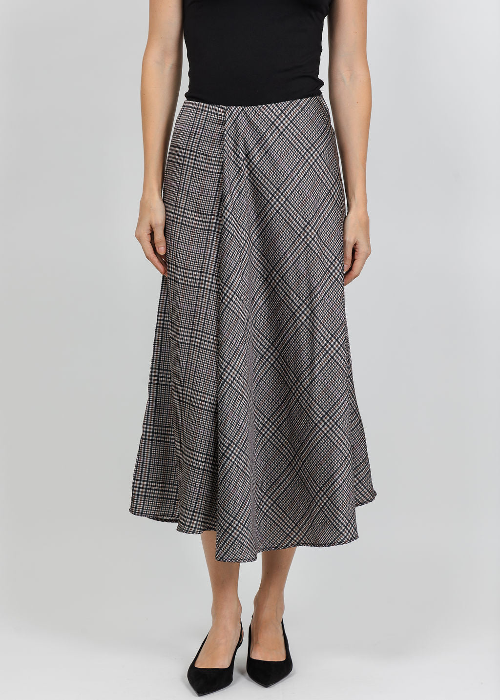 Oui Plaid Midi Skirt in Off White Brown available at Barbara Katz