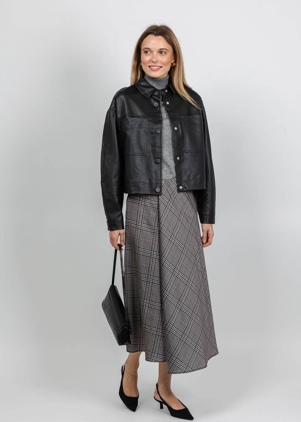 Oui Plaid Midi Skirt in Off White Brown available at Barbara Katz