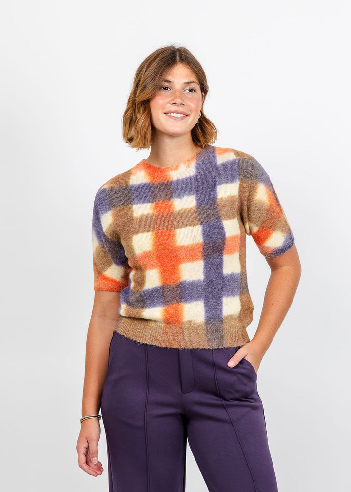 Oui Plaid Short Sleeve Sweater in White Violet available at Barbara Katz