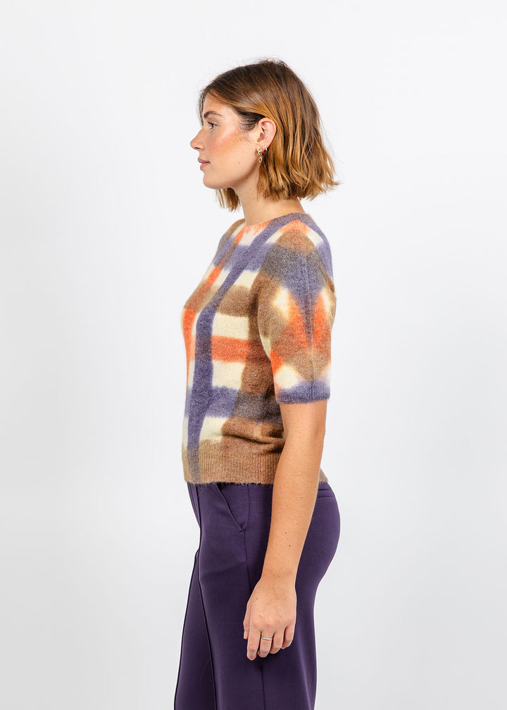 Oui Plaid Short Sleeve Sweater in White Violet available at Barbara Katz