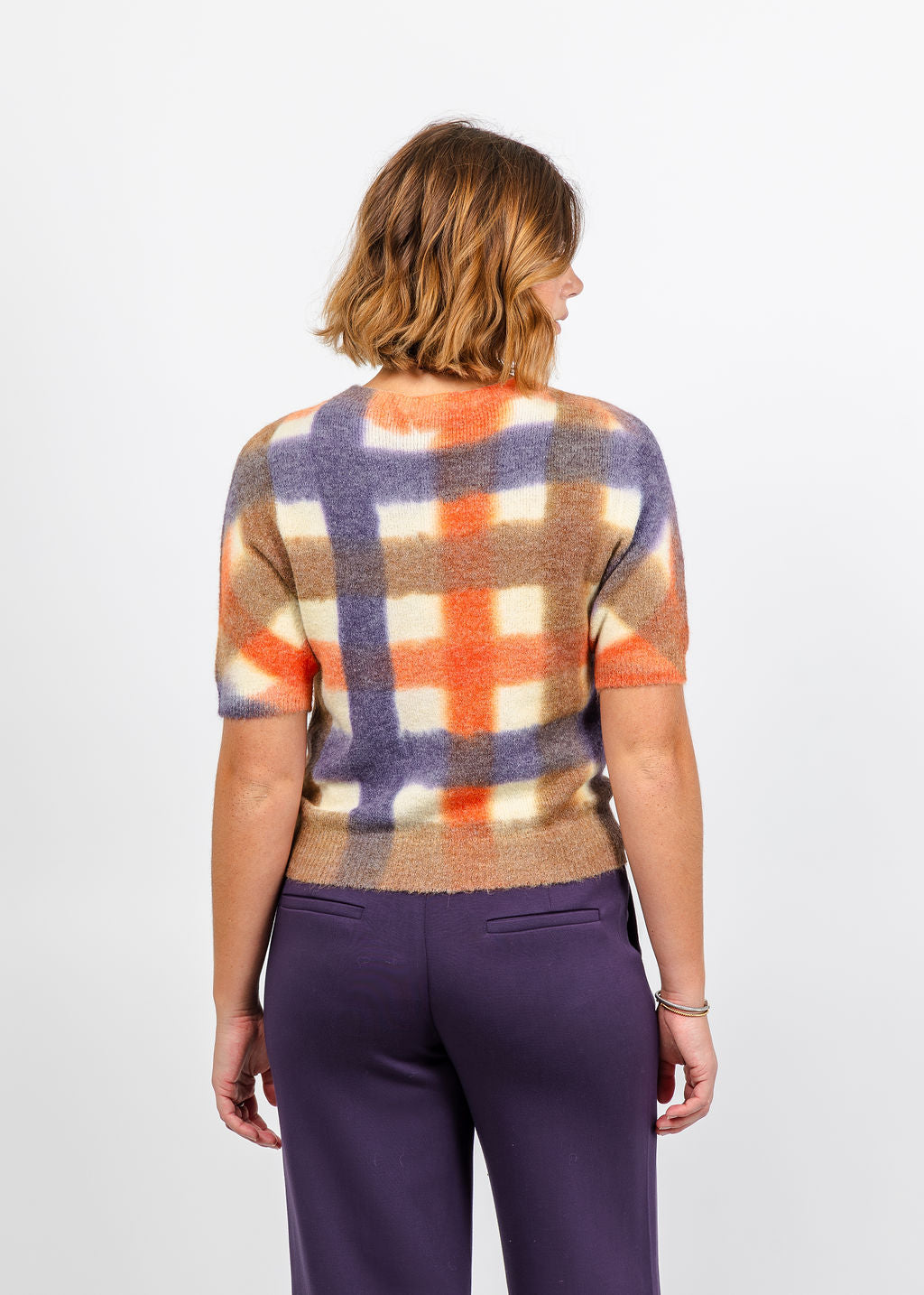 Oui Plaid Short Sleeve Sweater in White Violet available at Barbara Katz