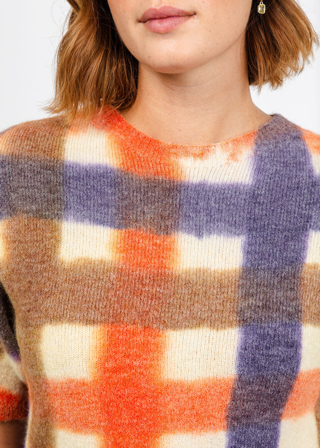 Oui Plaid Short Sleeve Sweater in White Violet available at Barbara Katz