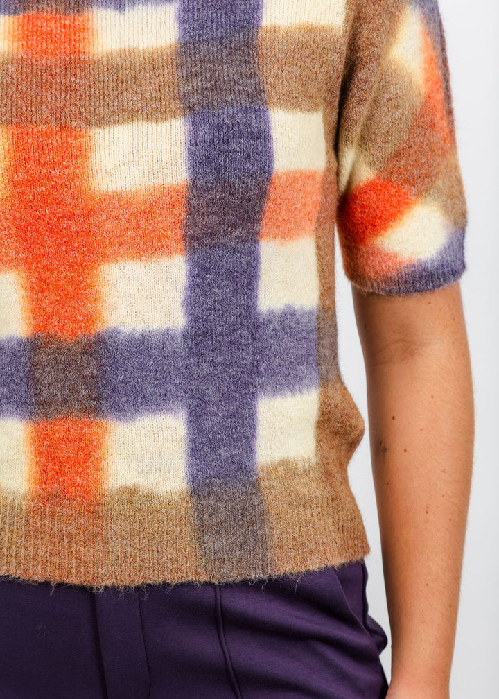 Oui Plaid Short Sleeve Sweater in White Violet available at Barbara Katz