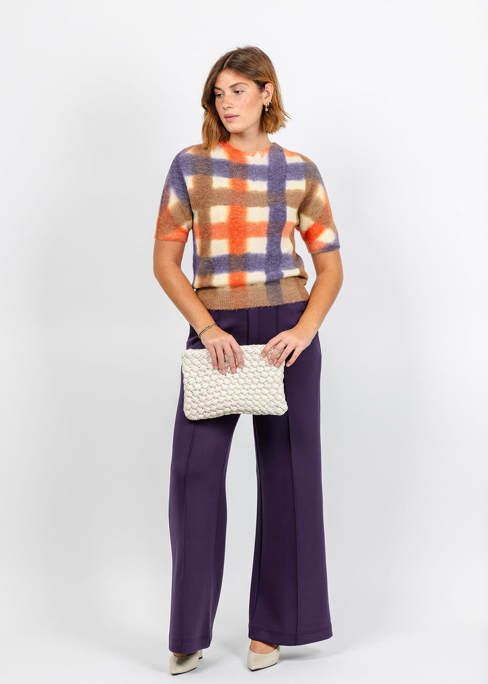 Oui Plaid Short Sleeve Sweater in White Violet available at Barbara Katz