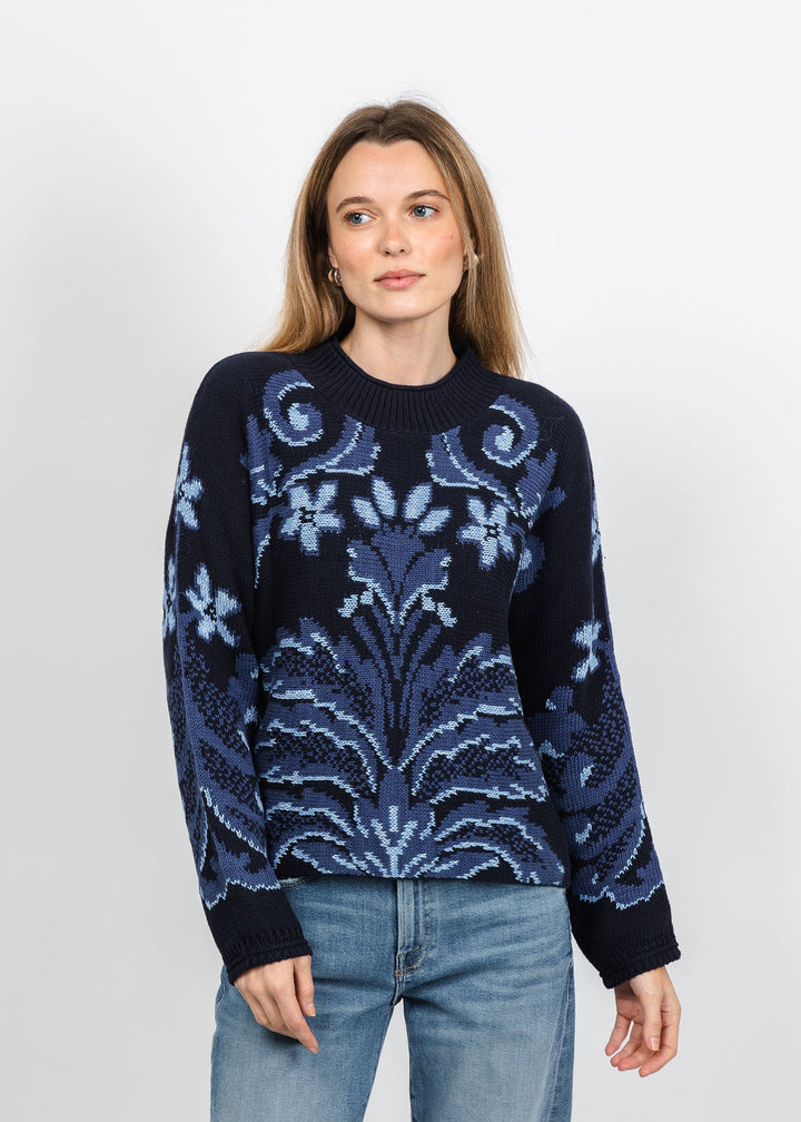 Oui Printed Pullover Sweater in Dark Blue available at Barbara Katz
