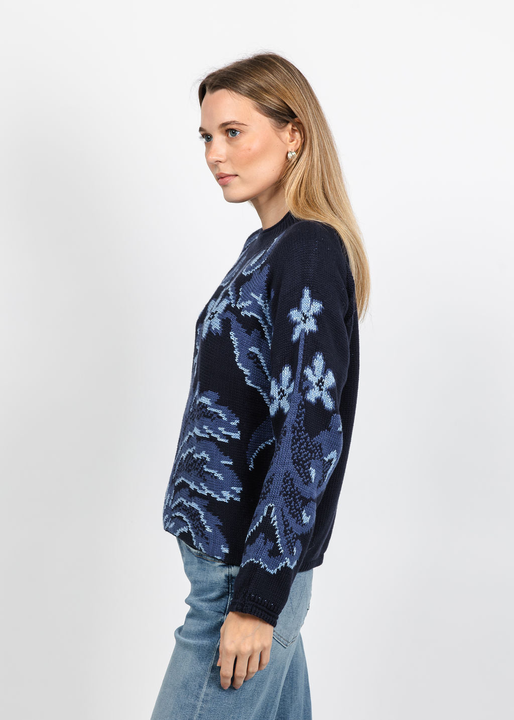 Oui Printed Pullover Sweater in Dark Blue available at Barbara Katz