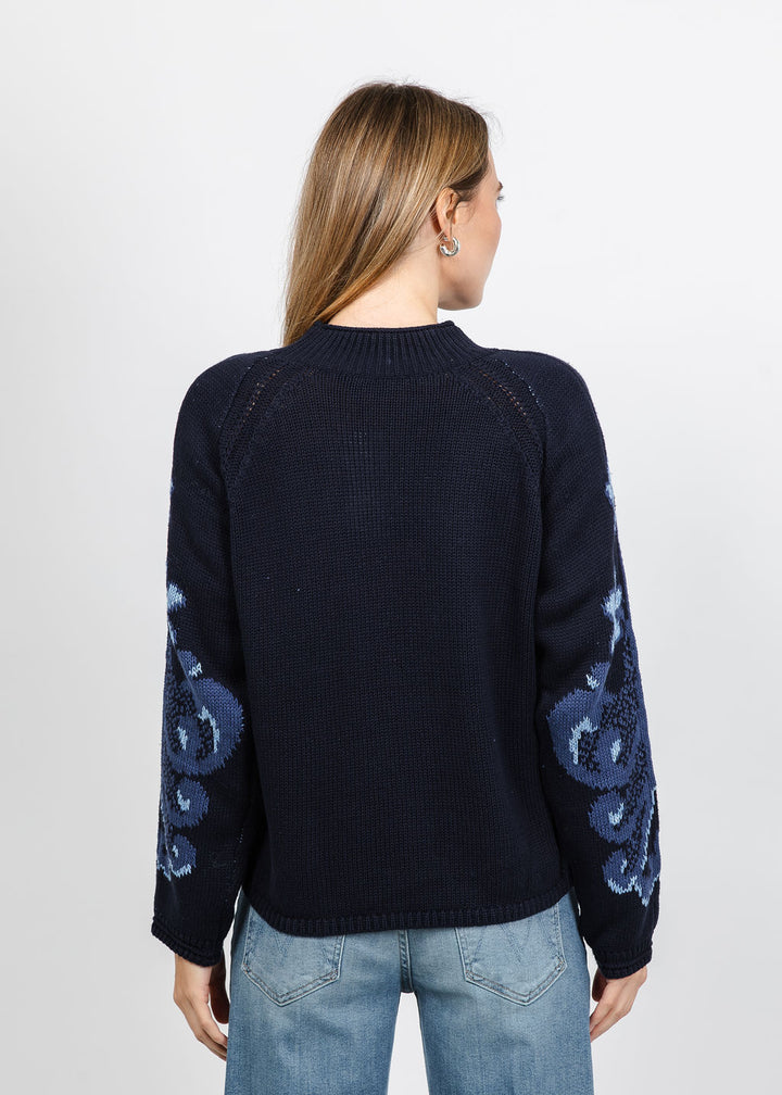 Oui Printed Pullover Sweater in Dark Blue available at Barbara Katz