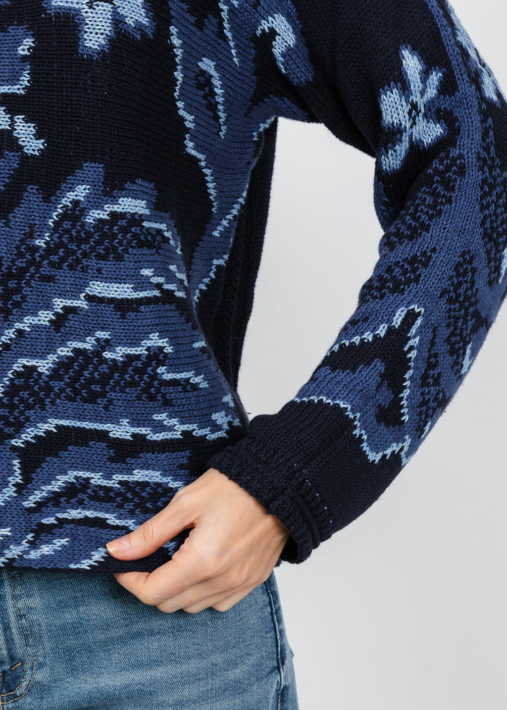 Oui Printed Pullover Sweater in Dark Blue available at Barbara Katz