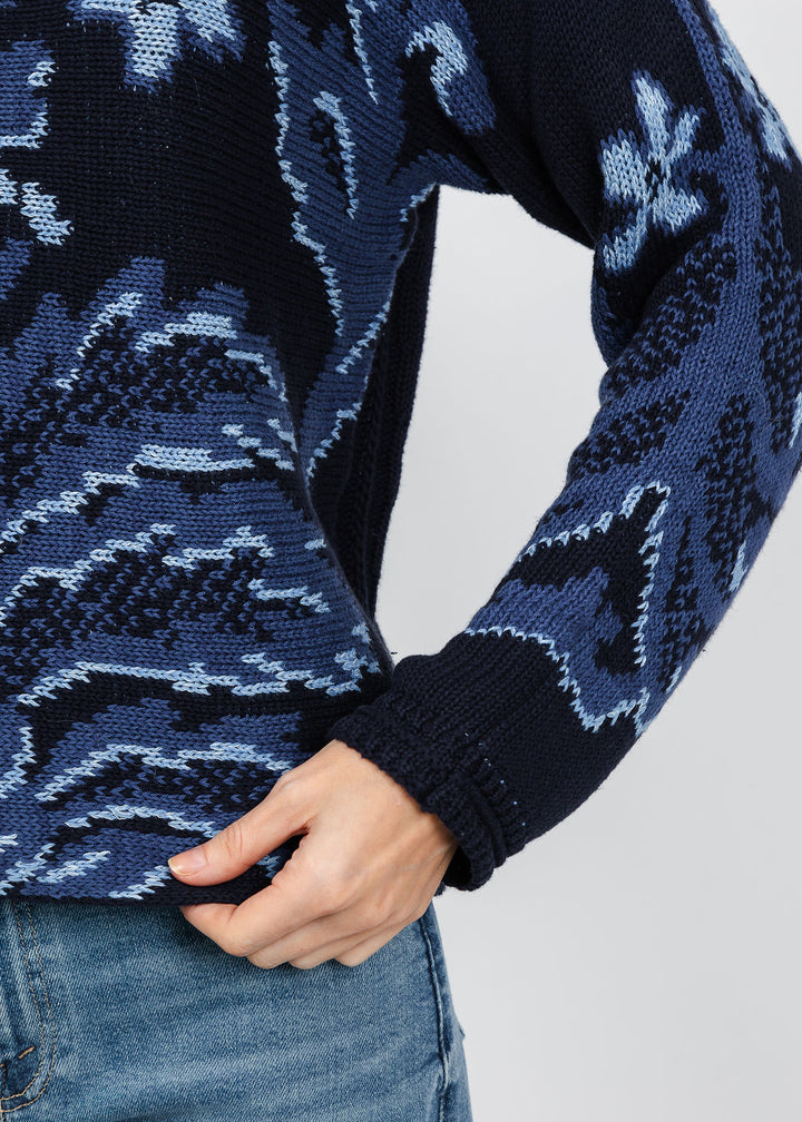 Oui Printed Pullover Sweater in Dark Blue available at Barbara Katz