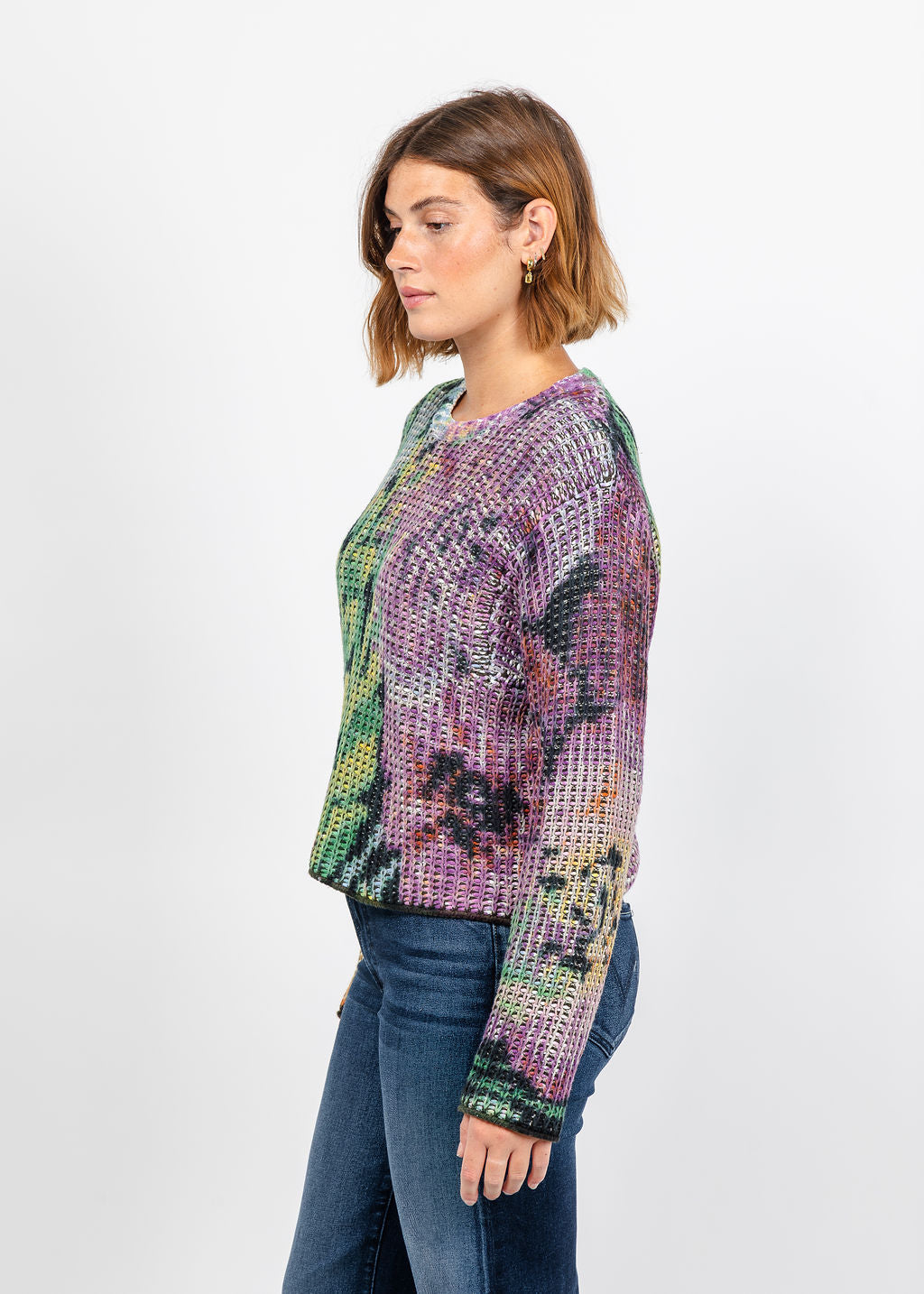 Oui Printed Textured Sweater in Lilac Yellow available at Barbara Katz