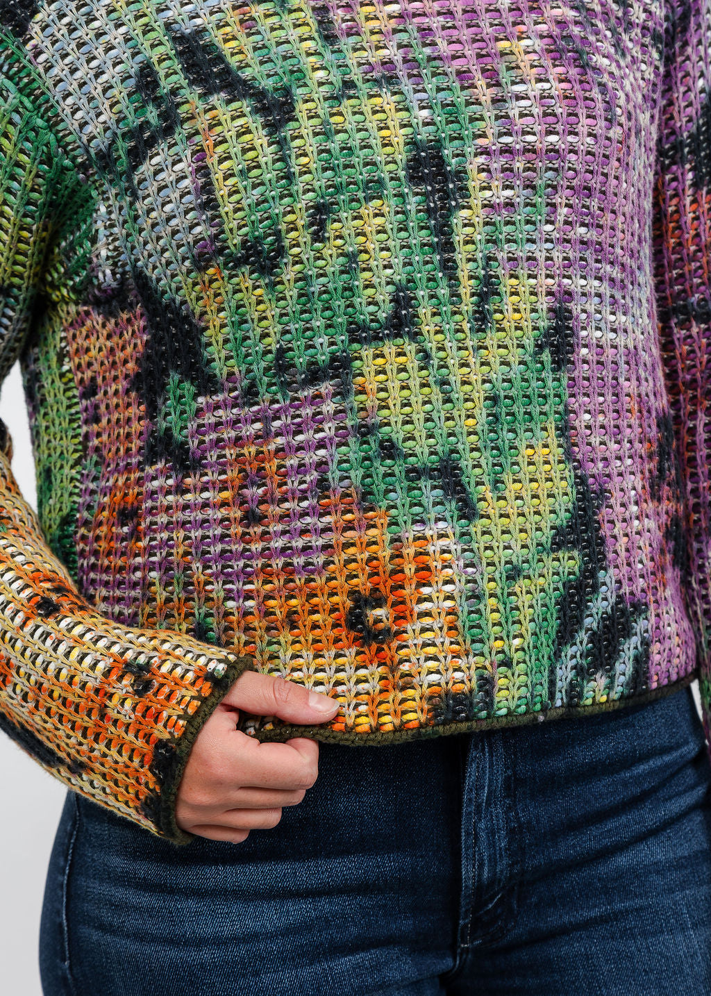 Oui Printed Textured Sweater in Lilac Yellow available at Barbara Katz