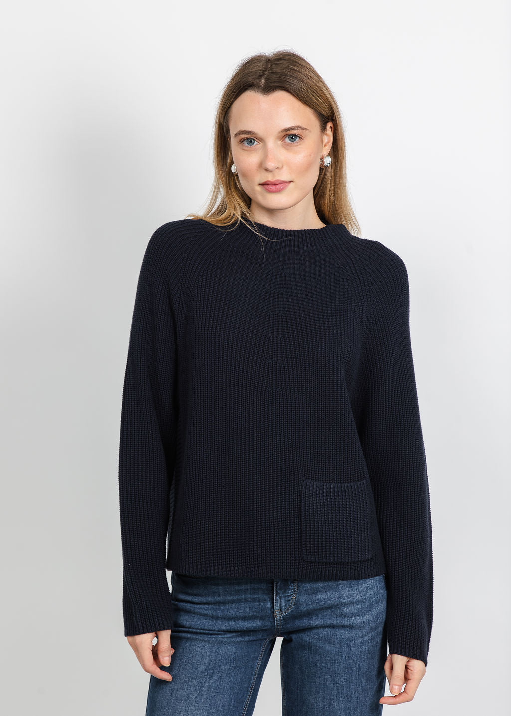 Oui Riya Funnel Neck Pocket Sweater in Dark Blue available at Barbara Katz