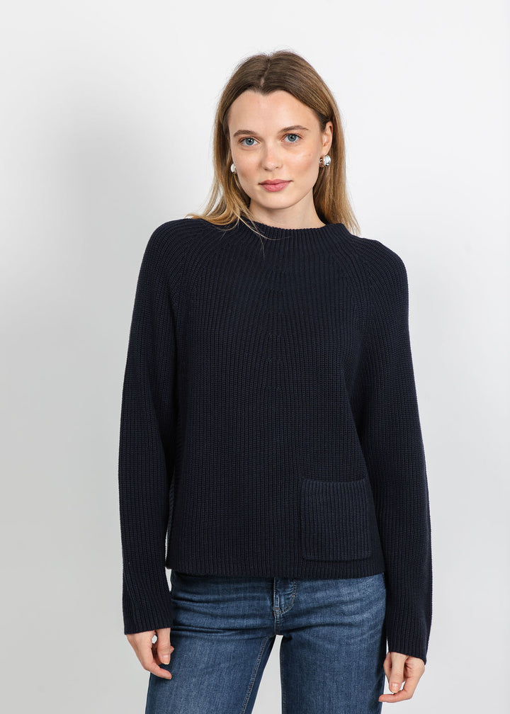 Oui Riya Funnel Neck Pocket Sweater in Dark Blue available at Barbara Katz