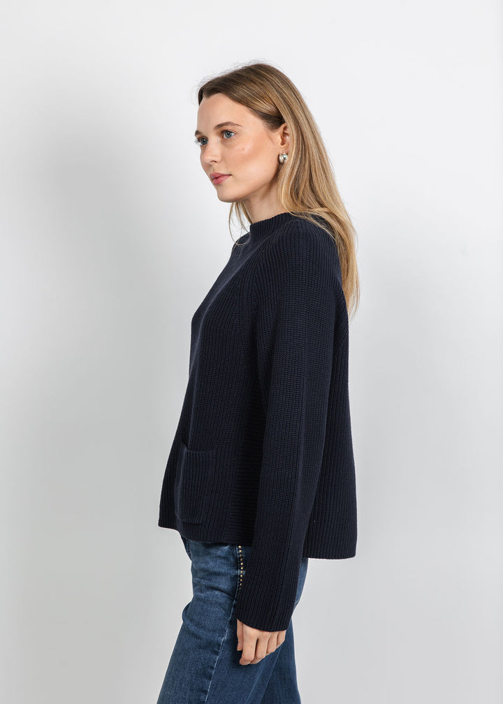 Oui Riya Funnel Neck Pocket Sweater in Dark Blue available at Barbara Katz