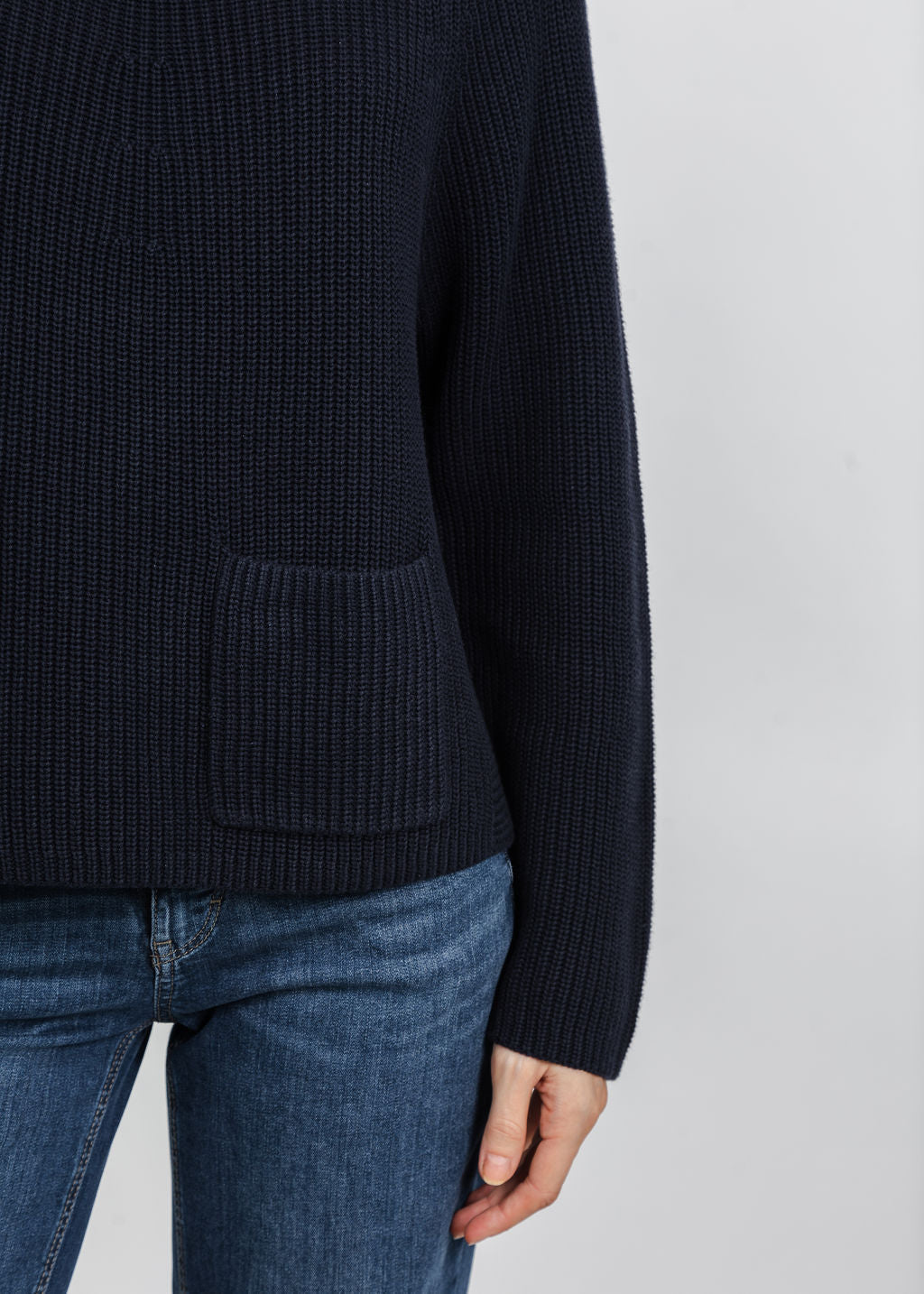 Oui Riya Funnel Neck Pocket Sweater in Dark Blue available at Barbara Katz