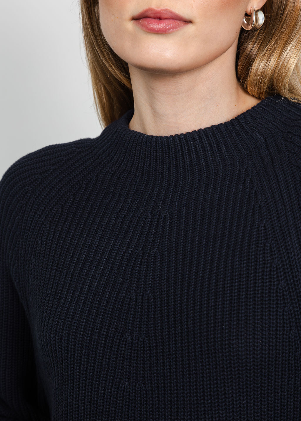 Oui Riya Funnel Neck Pocket Sweater in Dark Blue available at Barbara Katz