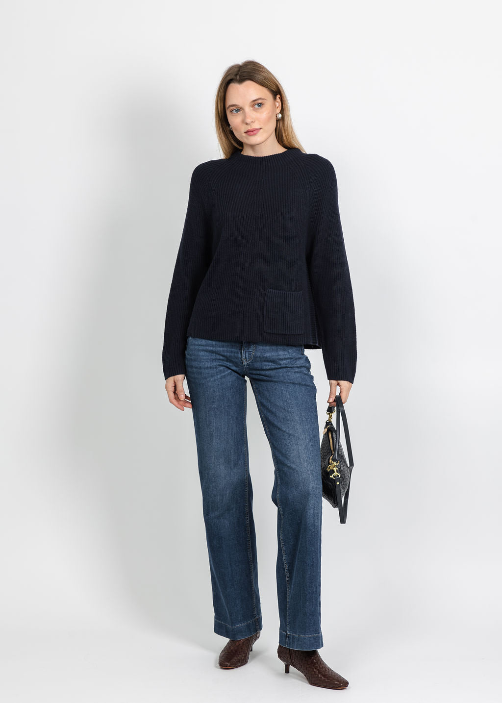 Oui Riya Funnel Neck Pocket Sweater in Dark Blue paired with MAC 32" Wide Rivet Jeans in Used Wash available at Barbara Katz