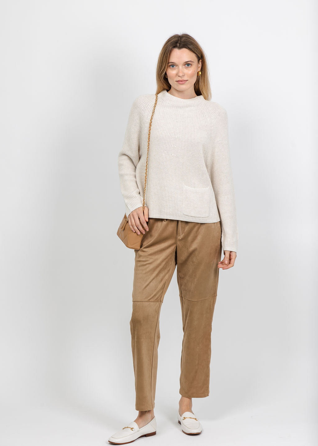 Oui Riya Funnel Neck Pocket Sweater in Off White paired with Melissa Nepton Pablo Suede Jogger in Chamois available at Barbara Katz