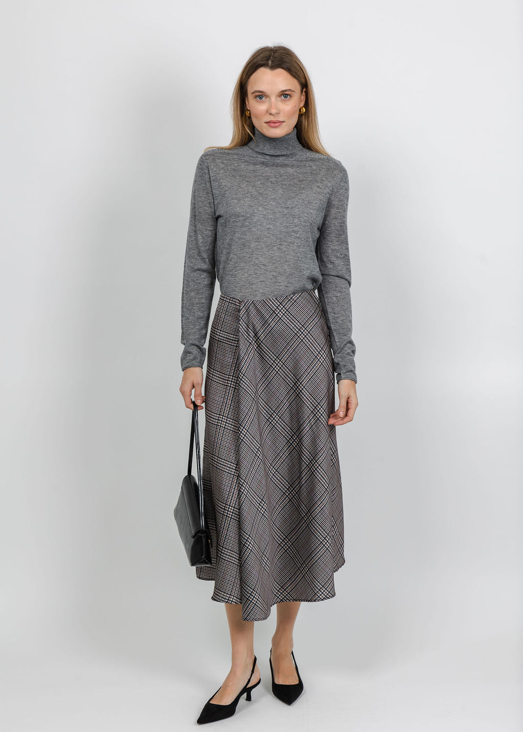 Oui Roll Turtleneck Pullover in Grey paired with Oui Plaid Midi Skirt in Off White Brown available at Barbara Katz