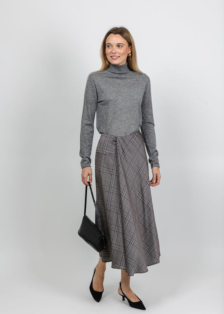 Oui Roll Turtleneck Pullover in Grey paired with Oui Plaid Midi Skirt in Off White Brown available at Barbara Katz