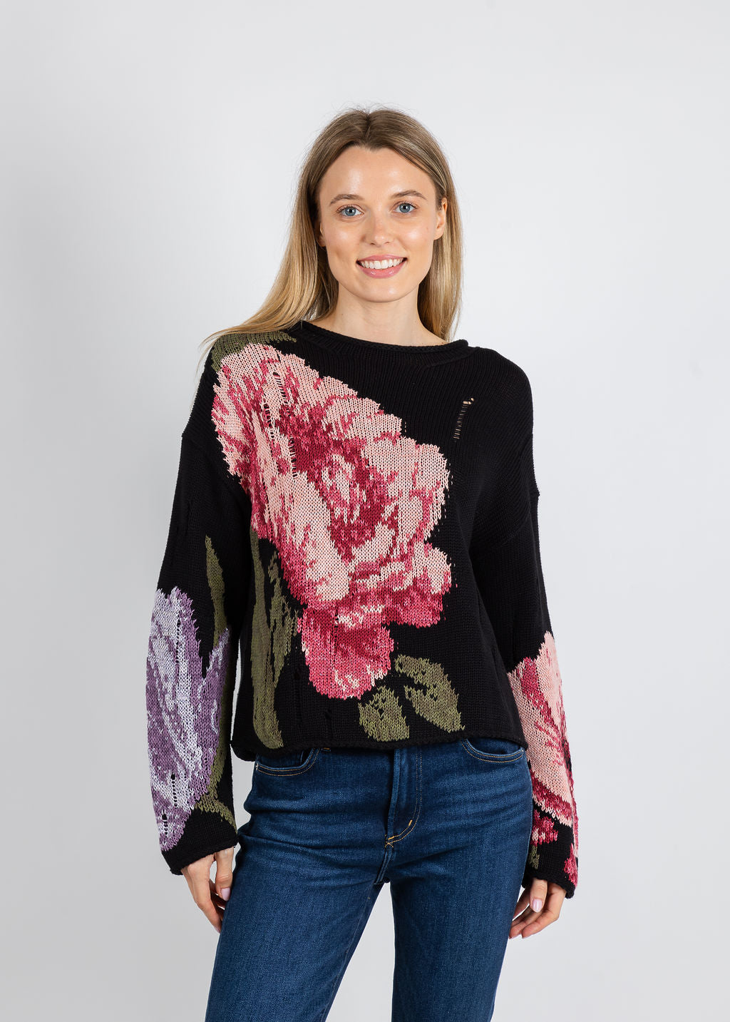 Oui Rose Distressed Sweater in Black Red available at Barbara Katz