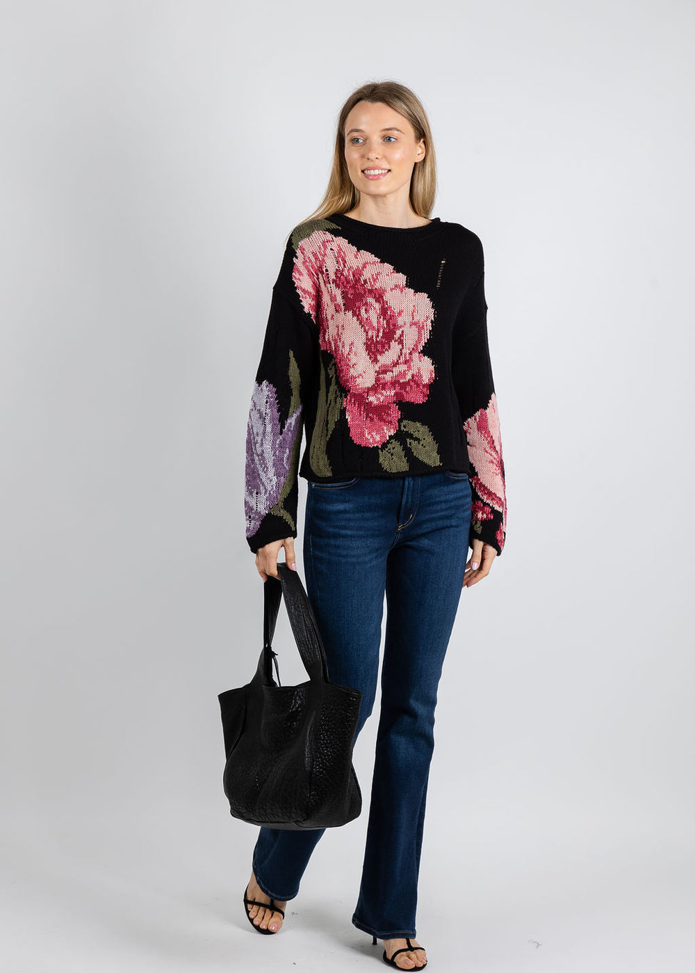Oui Rose Distressed Sweater in Black Red available at Barbara Katz