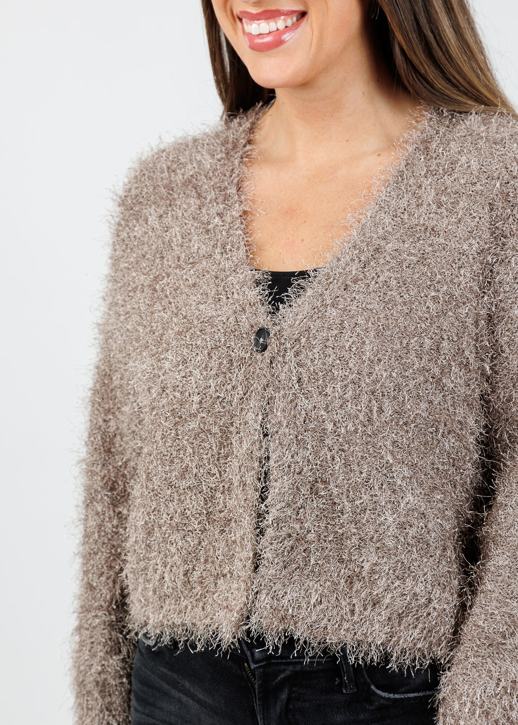 Oui Sabrina Cardigan in Smokey Taupe available at Barbara Katz