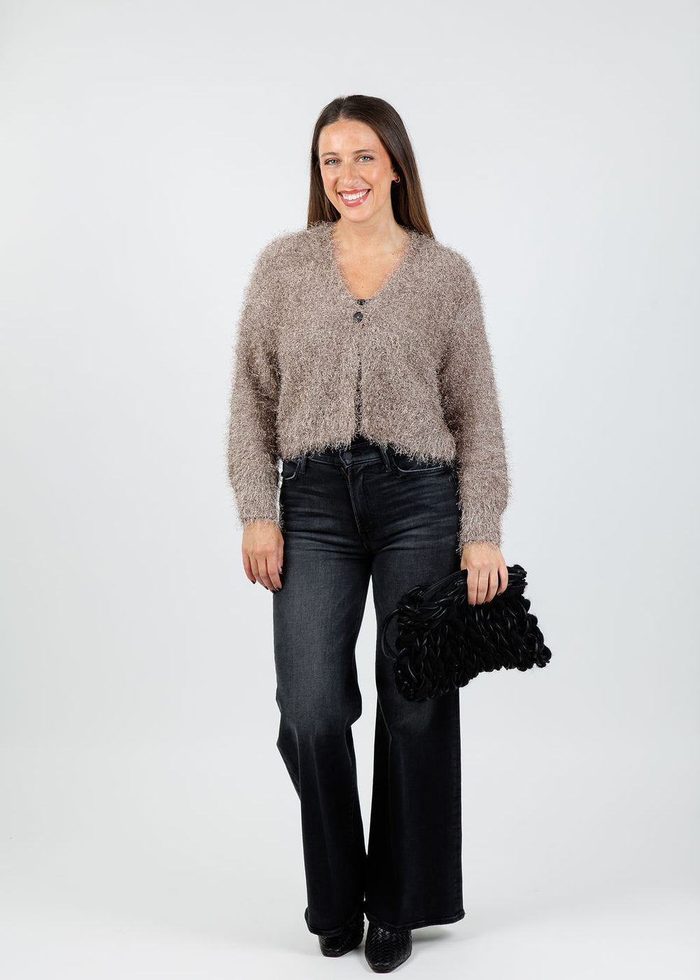 Oui Sabrina Cardigan in Smokey Taupe available at Barbara Katz