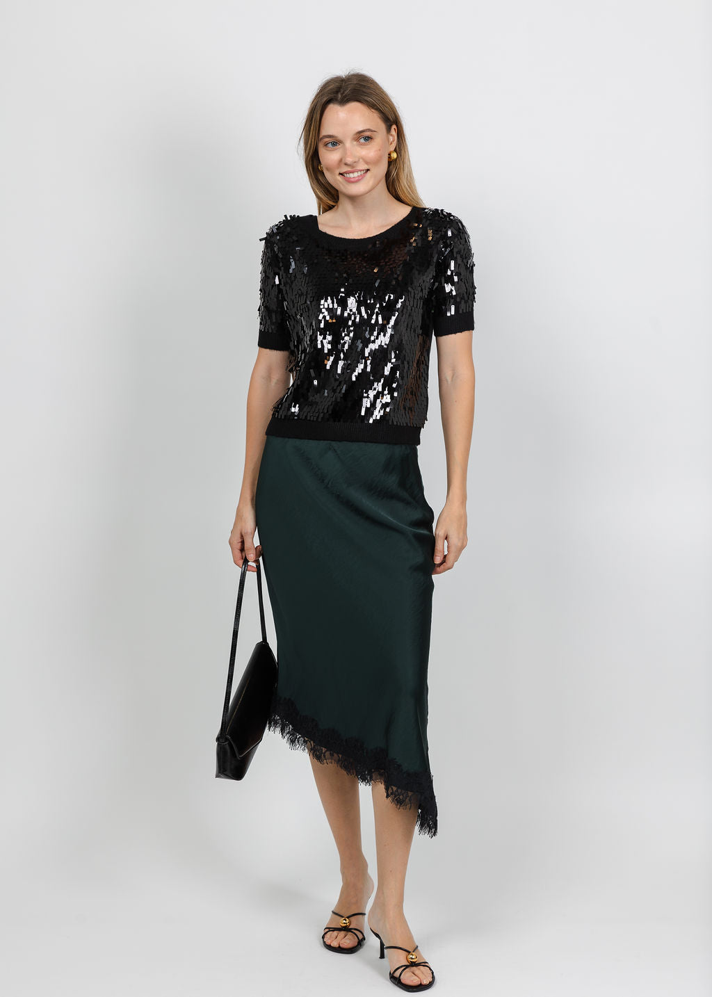 Oui Sequin Confetti Top in Black paired with Silk/Lace Skirt in Scarab available at Barbara Katz