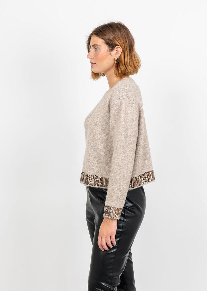 Oui Sequin Trim Pullover Sweater in Light Beige Melange available at Barbara Katz