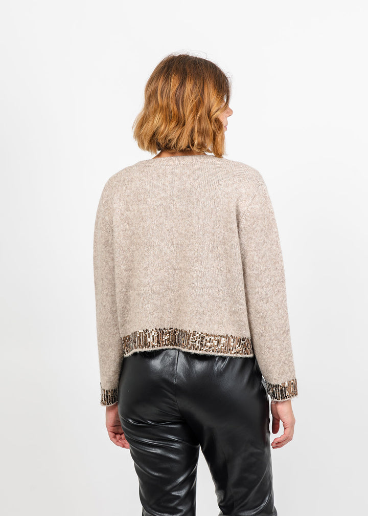 Oui Sequin Trim Pullover Sweater in Light Beige Melange available at Barbara Katz